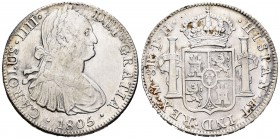 Carlos IV (1788-1808). 8 reales. 1805. México. TH. (Cal-703). Ag. 26,93 g. MBC+. Est...60,00.
