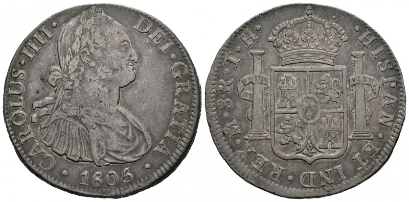 Carlos IV (1788-1808). 8 reales. 1805. México. TH. (Cal-703). Ag. 26,87 g. MBC-....