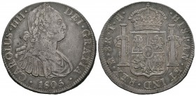 Carlos IV (1788-1808). 8 reales. 1805. México. TH. (Cal-703). Ag. 26,87 g. MBC-. Est...50,00.