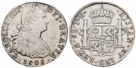 Carlos IV (1788-1808). 8 reales. 1808. México. TH. (Cal-709). Ag. 26,73 g. MBC+. Est...90,00.