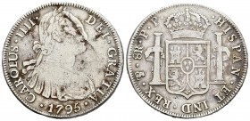 Carlos IV (1788-1808). 8 reales. 1795. Potosí. PP. (Cal-718). Ag. 26,43 g. Canto parcialmente liso. BC+/MBC-. Est...60,00.
