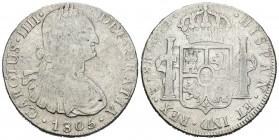Carlos IV (1788-1808). 8 reales. 1805. Potosí. PJ. (Cal-729). Ag. 26,90 g. BC+. Est...55,00.