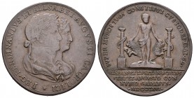 Fernando VII (1808-1833). Medalla. 1816. Cádiz. (Patrimonio-447). Ae. 19,11 g. Boda Fernando VII y María Isabel de Braganza. 34 mm. MBC/MBC+. Est...40...