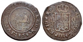 Fernando VII (1808-1833). 1 cuarto. 1834. Manila. (Cal-1597). Ae. 4,45 g. Oxidacines. Escasa. BC+. Est...40,00.