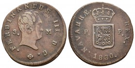 Fernando VII (1808-1833). 3 maravedís. 1830. Pamplona. (Cal-1646). Ae. 5,16 g. Roseta de 4 puntos bajo el busto. MBC. Est...60,00.
