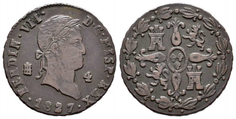 Fernando VII (1808-1833). 4 maravedís. 1827. Segovia. (Cal-1710). Ae. 5,42 g. MB...