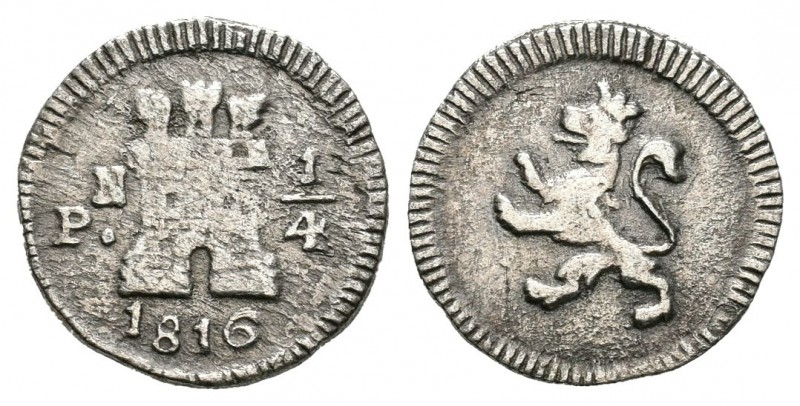 Fernando VII (1808-1833). 1/4 real. 1816. Popayán. N. (Cal-1475). Ag. 0,76 g. Ra...