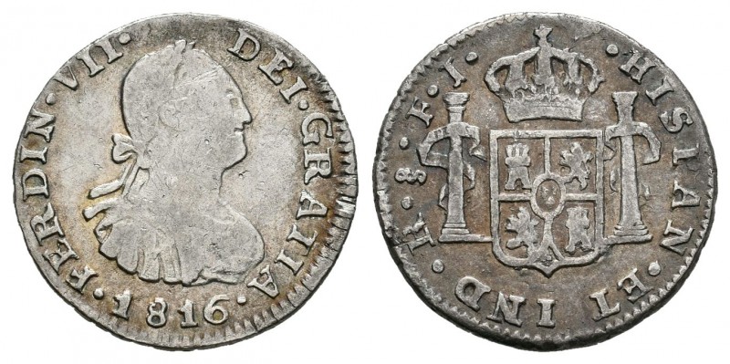 Fernando VII (1808-1833). 1/2 real. 1816. Santiago. FJ. (Cal-1395). Ag. 1,63 g. ...