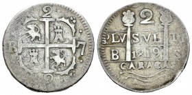 Fernando VII (1808-1833). 2 reales. 1819. Caracas. BS. (Cal-844). Ag. 4,89 g. Leones y Castillos. Escasa. MBC-. Est...150,00.