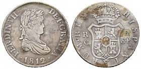 Fernando VII (1808-1833). 2 reales. 1812. Cataluña. SF. (Cal--858). Ag. 5,61 g. Cabeza pequeña. Escasa. MBC/MBC-. Est...50,00.
