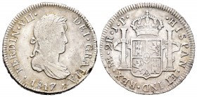 Fernando VII (1808-1833). 2 reales. 1817. Lima. JP. (Cal-905). Ag. 6,68 g. Golpe en el canto. MBC+. Est...70,00.