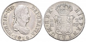 Fernando VII (1808-1833). 2 reales. 1814. Madrid. GJ. (Cal-916). Ag. 5,95 g.  Primer año de busto laureado. MBC+. Est...50,00.