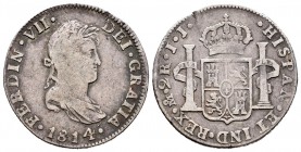 Fernando VII (1808-1833). 2 reales. 1814. México. JJ. (Cal-948). Ag. 6,54 g. Pequeño defecto en canto. MBC-/MBC. Est...40,00.
