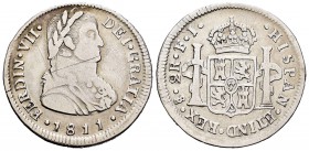Fernando VII (1808-1833). 2 reales. 1811. Santiago. FJ. (Cal-1017). Ag. 6,47 g. Busto almirante. Dos rayas en anverso. Escasa. MBC-. Est...80,00.