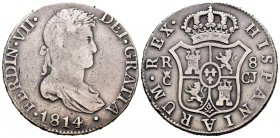 Fernando VII (1808-1833). 8 reales. 1814. Cádiz. CJ. (Cal-376). Ag. 26,62 g. BC+. Est...90,00.