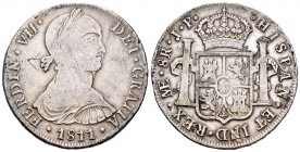 Fernando VII (1808-1833). 8 reales. 1811. Lima. JP. (Cal-476). Ag. 26,51 g. Busto indígena. MBC-. Est...75,00.
