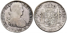 Fernando VII (1808-1833). 8 reales. 1811. México. HJ. (Cal-545). Ag. 26,75 g. Busto imaginario. MBC-/MBC. Est...80,00.