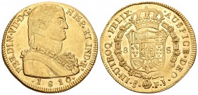 Fernando VII (1808-1833). 8 escudos. 1810. Santiago. FJ. (Cal-114). (Cal onza-1346). 23,83 g. Sin punto entre ET IND y con punto entre ensayadores. Pa...