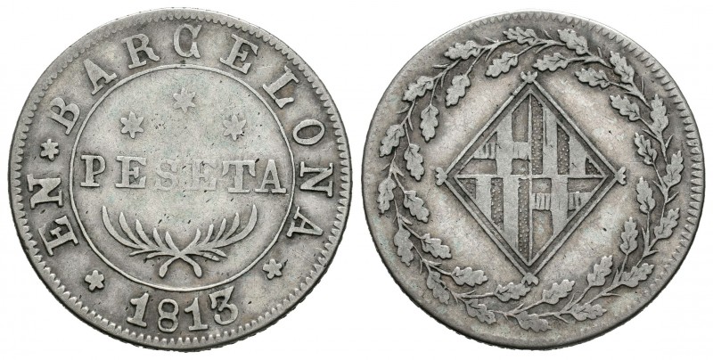 José Napoleón (1808-1814). 1 peseta. 1813. Barcelona. (Cal-50). Ag. 5,48 g. Esca...