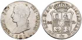 José Napoleón (1808-1814). 20 reales. 1811. Madrid. AI. (Cal-27). 26,71 g. Águila grande. MBC-/MBC. Est...200,00.