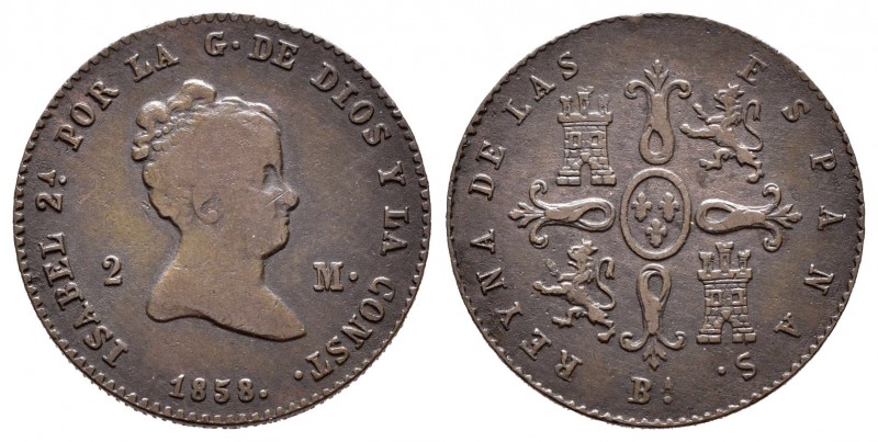 Isabel II (1833-1868). 2 maravedís. 1858. Barcelona. (Cal-538). Ae. 2,72 g. BC+/...