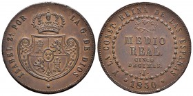 Isabel II (1833-1868). 1/2 real. 1850. Jubia. (Cal-571). Ae. 19,05 g. Golpes en el canto. Escasa. MBC+. Est...160,00.