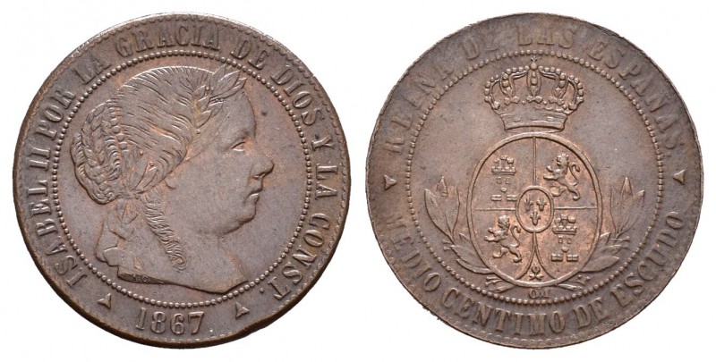 Isabel II (1833-1868). 1/2 céntimo de escudo. 1867. Segovia. OM. (Cal-677). Ae. ...