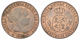 Isabel II (1833-1868). 1 céntimo de escudo. 1866. Barcelona. Sin OM. (Cal-651). Ae. 2,53 g. Restos de brillo original. EBC-/EBC. Est...50,00.