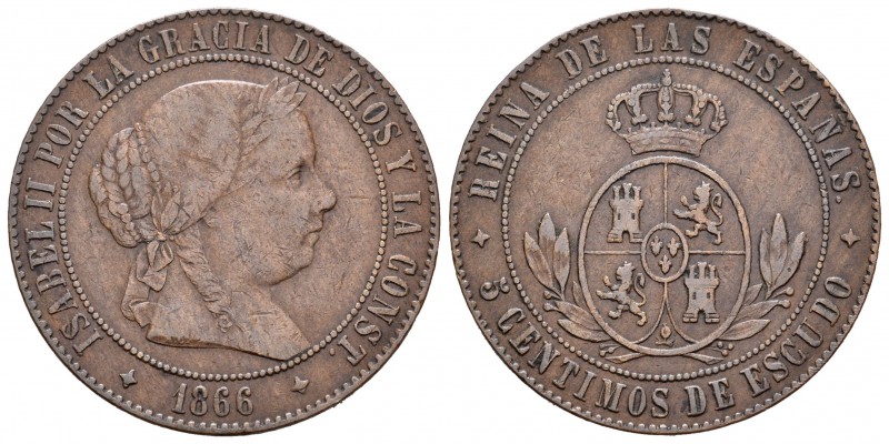 Isabel II (1833-1868). 5 céntimos de escudo. 1866. Jubia. Sin OM. (Cal-627). Ae....