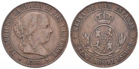 Isabel II (1833-1868). 5 céntimos de escudo. 1866. Jubia. Sin OM. (Cal-627). Ae. 12,36 g. Escasa. BC+. Est...120,00.
