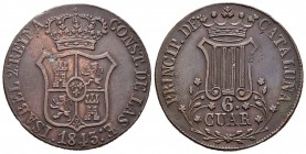 Isabel II (1833-1868). 6 cuartos. 1843. Barcelona. (Cal-692). Ae. 13,53 g. Defecto en el escudo. MBC+. Est...35,00.