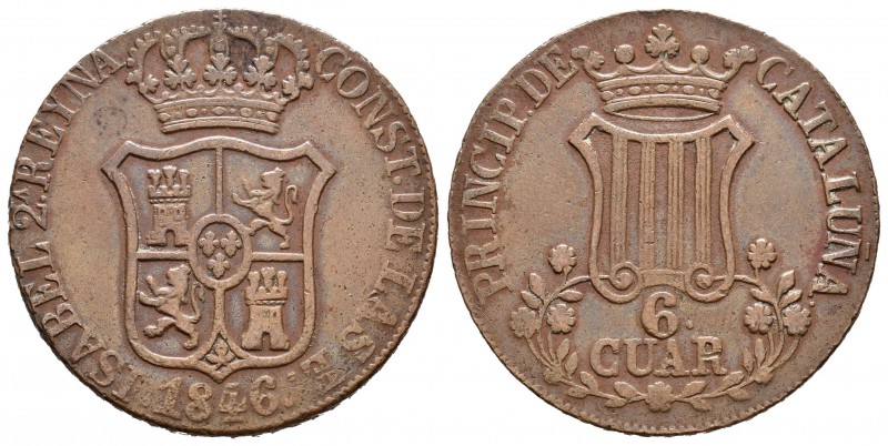 Isabel II (1833-1868). 6 cuartos. 1846. Barcelona. (Cal-698). Ae. 13,23 g.  Flor...