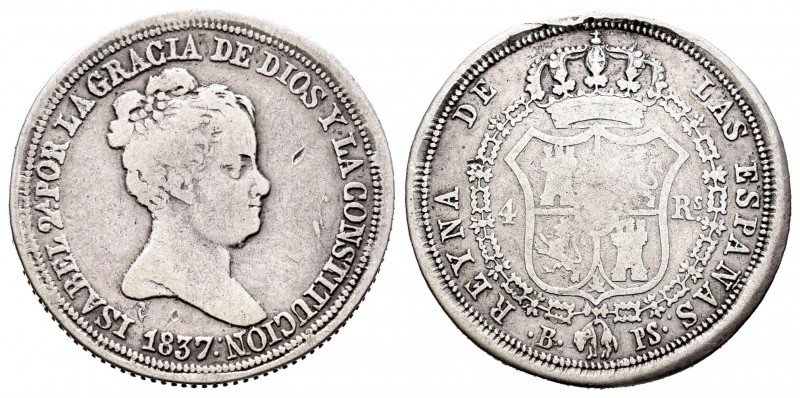 Isabel II (1833-1868). 4 reales. 1837. Barcelona. PS. (Cal-260). Ag. 5,70 g. Fin...