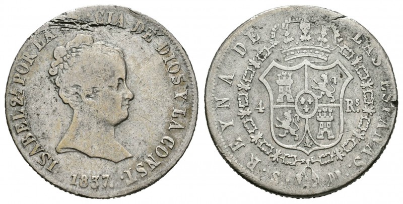 Isabel II (1833-1868). 4 reales. 1837. Sevilla. DR. (Cal-313). Ag. 5,71 g. BC. E...