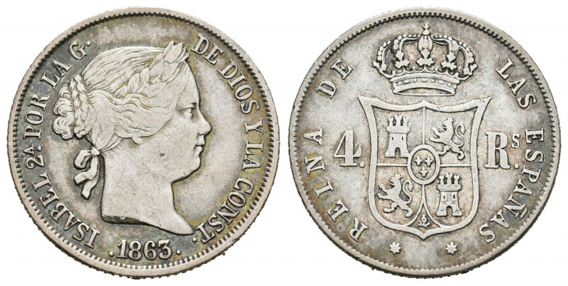 Isabel II (1833-1868). 4 reales. 1863. Sevilla. (Cal-333). Ag. 5,12 g. Escasa. M...