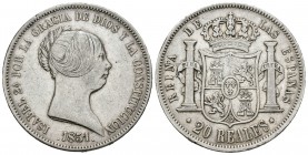 Isabel II (1833-1868). 20 reales. 1851. Madrid. (Cal-172). Ag. 26,05 g. MBC+/MBC. Est...130,00.