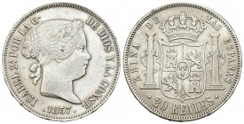 Isabel II (1833-1868). 20 reales. 1857. Madrid. (Cal-179). Ag. 25,90 g. Golpecitos en el canto. EBC-. Est...150,00.