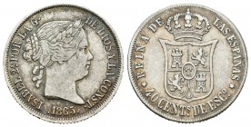 Isabel II (1833-1868). 40 céntimos de escudo. 1865. Madrid. (Cal-337). Ag. 5,06 g. MBC-. Est...25,00.