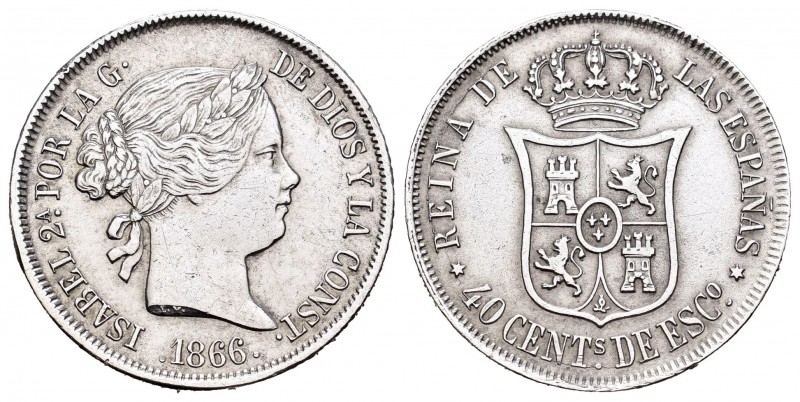 Isabel II (1833-1868). 40 céntimos de escudo. 1866. Madrid. (Cal-338). Ag. 5,13 ...