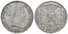 Isabel II (1833-1868). 2 escudos. 1867. Madrid. (Cal-204). Ag. 25,88 g. Golpecitos en el canto. MBC+. Est...140,00.