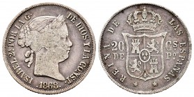 Isabel II (1833-1868). 20 centavos. 1868. Manila. (Cal-394). Ag. 4,97 g. BC+. Est...20,00.