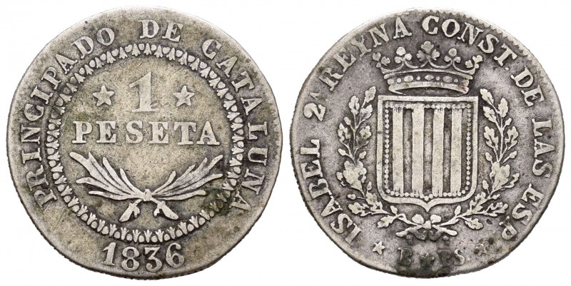 Isabel II (1833-1868). 1 peseta. 1836. Barcelona. PS. (Cal-256). Ag. 5,55 g. Sin...