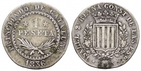 Isabel II (1833-1868). 1 peseta. 1836. Barcelona. PS. (Cal-256). Ag. 5,55 g. Sin punto entre ensayadores. Canto estriado. MBC-. Est...80,00.