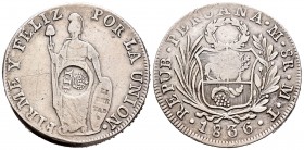 Isabel II (1833-1868). 8 reales. 1836. Lima. MT. (Cal-451). Ag. 29,35 g. Resello Y·II· bajo corona, para circular por Filipinas. MBC. Est...100,00.