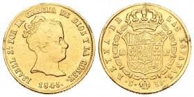 Isabel II (1833-1868). 80 reales. 1845. Sevilla. RD. (Cal-96). Au. 6,81 g. Golpecitos en el canto. Fue utilizada como joya. MBC. Est...180,00.