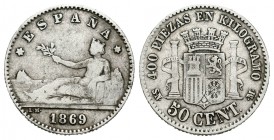 Gobierno Provisional (1868-1871). 50 céntimos. 1869*_ - 9. Madrid. SNM. (Cal-18). Ag. 2,43 g. BC+. Est...30,00.