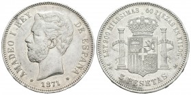 Amadeo I (1871-1873). 5 pesetas. 1871*18-75. Madrid. DEM. (Cal-12). Ag. 24,86 g. MBC+. Est...50,00.