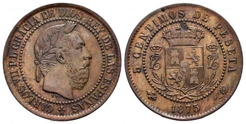 Carlos VII (1872-1876). 5 céntimos. 1875. Bruselas. (Cal-10). Ae. 5,05 g. Golpe ...