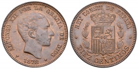 Alfonso XII (1874-1885). 10 céntimos. 1878. Barcelona. OM. (Cal-68). Ae. 10,11 g. SC-/EBC+. Est...180,00.