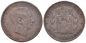 Alfonso XII (1874-1885). 10 céntimos. 187·. Barcelona. OM. (Cal-tipo 14). Ae. 9,41 g. Punto al final de la fecha. Falsa de época. BC. Est...15,00.